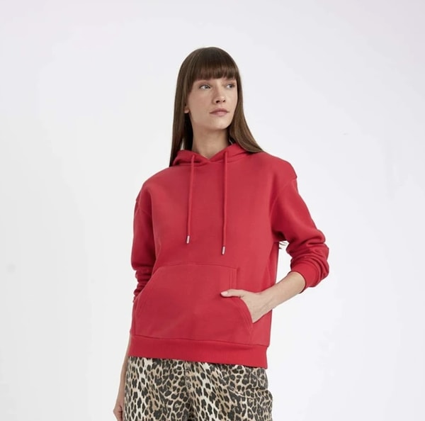 DeFacto Relax Fit Kapüşonlu Kanguru Cepli Kalın Basic Düz Sweatshirt