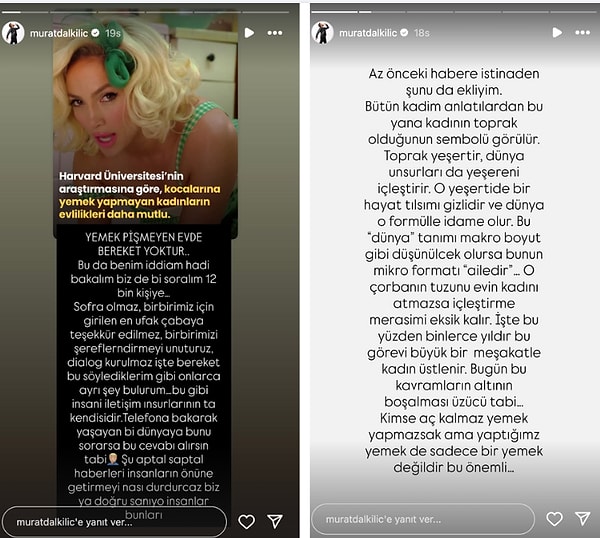 Instagram hesabından peş peşe paylaşımlar yapan Dalkılıç, "Kocalarına evde yemek yapmayan kadınların evliliklerinin daha mutlu olduğu" tespitine sert bir çıkış yaptı.