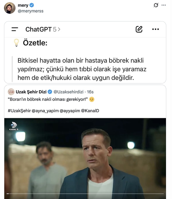 ChatGPT'ye bitkisel hayatta olan bir insanın böbrek nakli olup olamayacağını soran seyirci, aldığı yanıtla Uzak Şehir'deki mantık hatasını buldu.