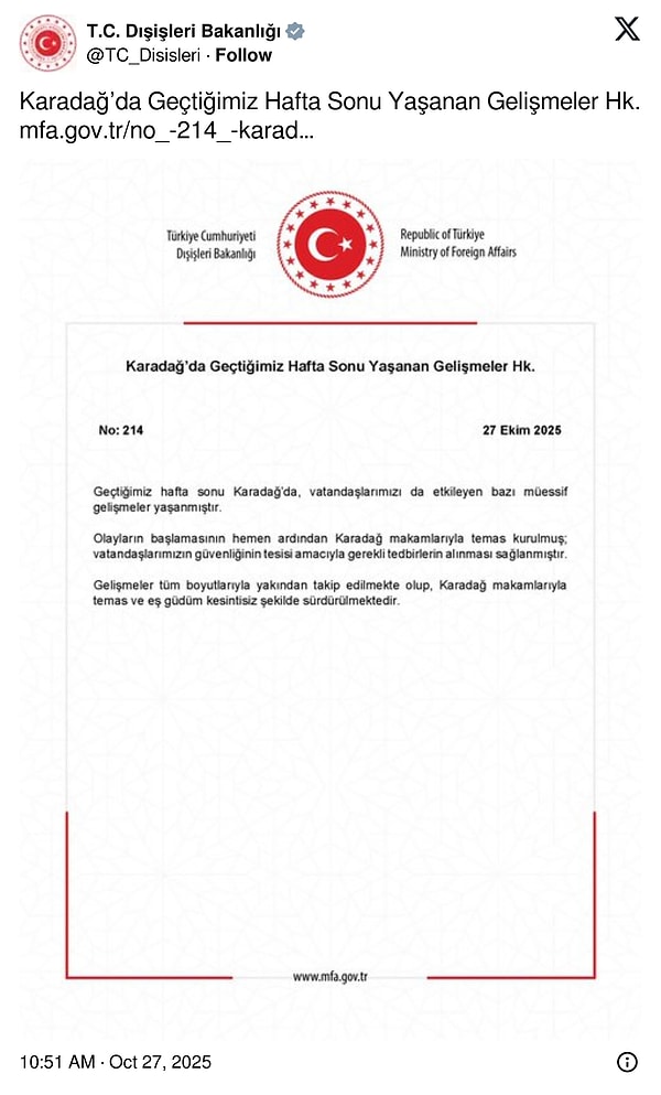 Dışişleri Bakanlığı'dan Karadağ açıklaması.