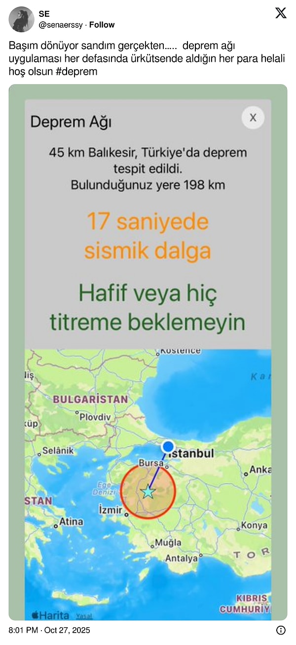 Aynı şekilde Balıkesir depreminde de bildirim gönderildi.