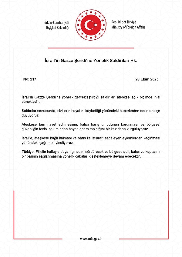 Reaction from Turkey's Ministry of Foreign Affairs to Israel