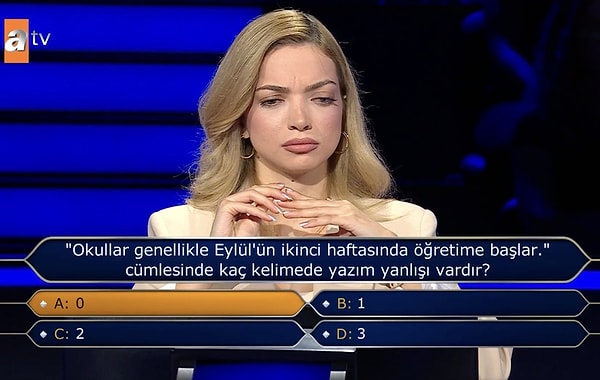 ATV ekranlarının sevilen yarışma programı Kim Milyoner Olmak İster'in yeni bölümünde yazım yanlışı sorusu soruldu.