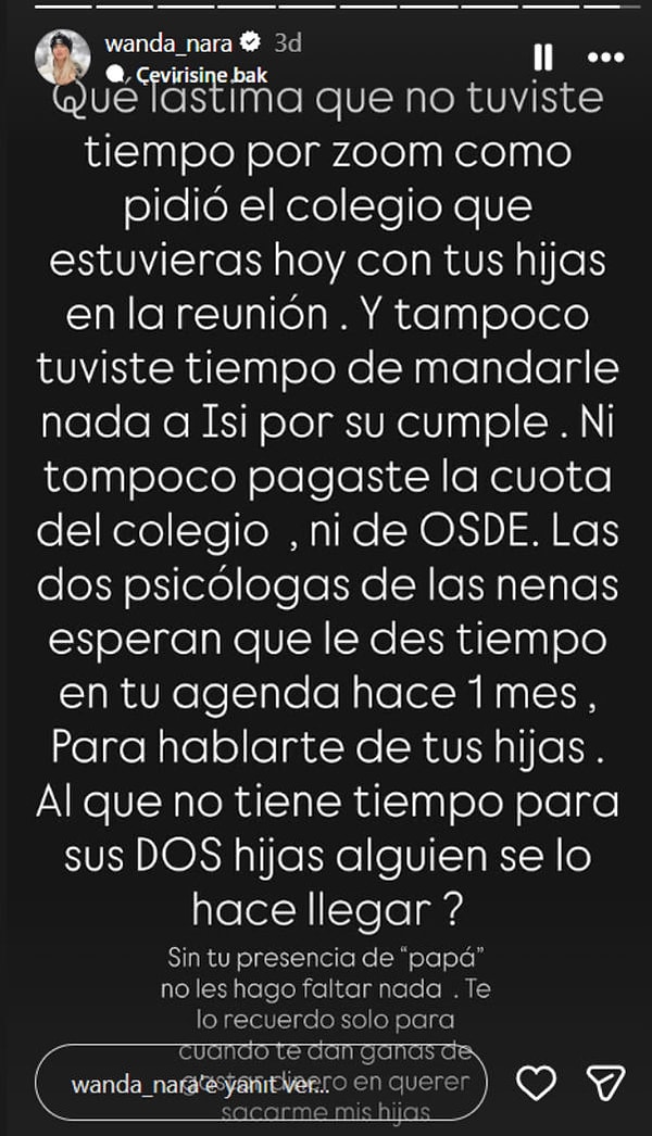 She accused Icardi of being an irresponsible father in her post: