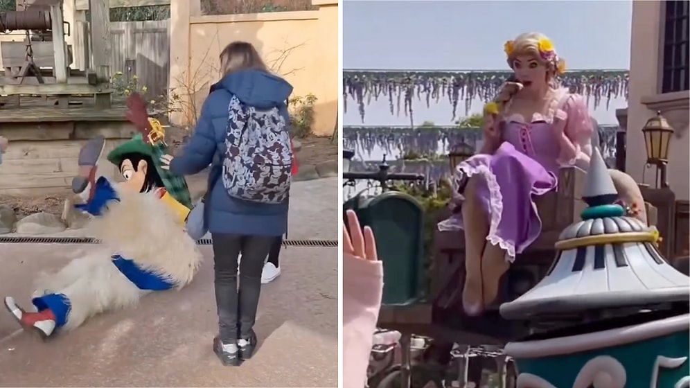 Costumed Character Staff Gives Kids a Little Shock with Their Clumsiness at Disneyland