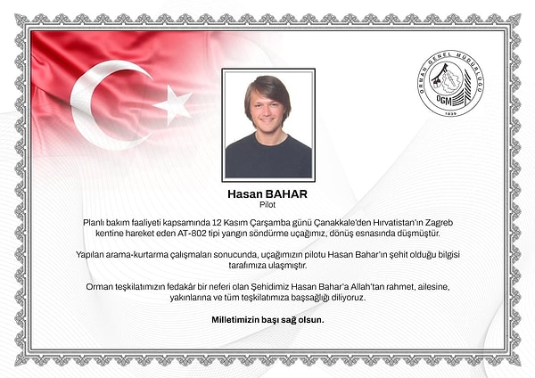 Şehit pilotun adının Hasan Bahar olduğu öğrenildi.