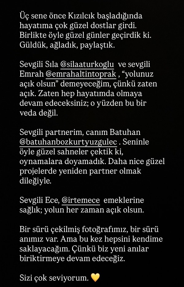 İşte Ceren Karakoç'un Kızılcık Şerbeti'nden ayrılan rol arkadaşlarına veda paylaşımı: