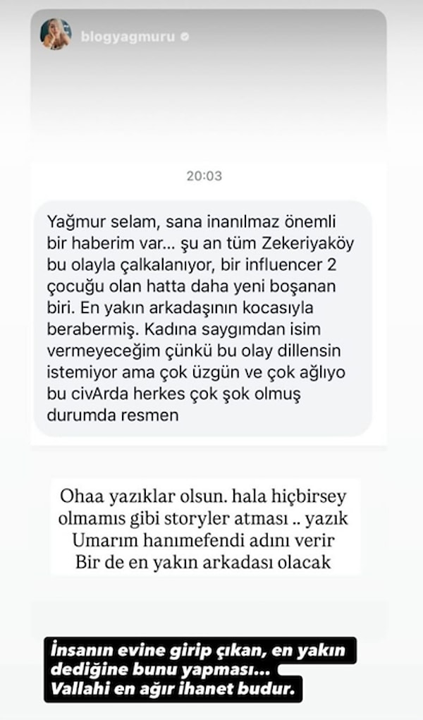 Yağmur Çevik’in @blogyagmuru hesabında paylaştığı iddiaya göre, Zekeriyaköy'ün bir influencer ve yakın arkadaşının kocasıyla yaşadığı ilişkiye çalkalandığı öğrenildi.