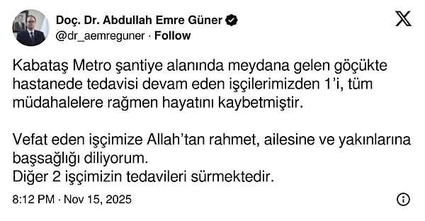 Bir işçinin tüm müdahalelere rağmen hayatını kaybettiği öğrenildi;