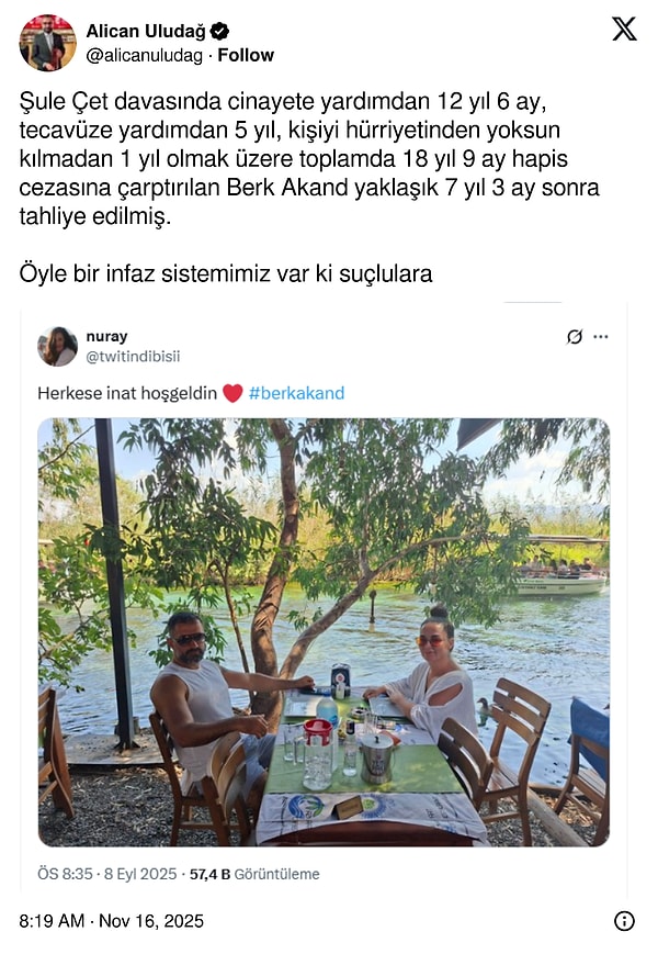 Gazeteci Alican Uludağ, yaklaşık 19 yıl hapis cezası alan Berk Akand’ın, 8 yıl sonra cezaevinden çıktığını açıkladı.