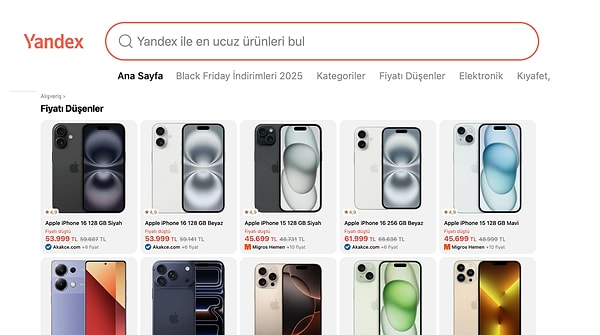 4. Arama motoru demişken... Yandex Alışveriş ile birçok ürünün fiyatını anlık olarak takip edebilirsin!