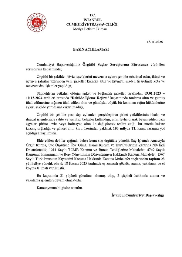 İstanbul'da 100 Milyar TL kamu zararına neden olan örgüte operasyon düzenlendi.