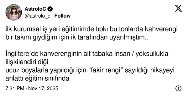 Kahverengi giydi diye başına gelenleri anlatan kullanıcıya buradan ulaşabilirsiniz 👇🏻