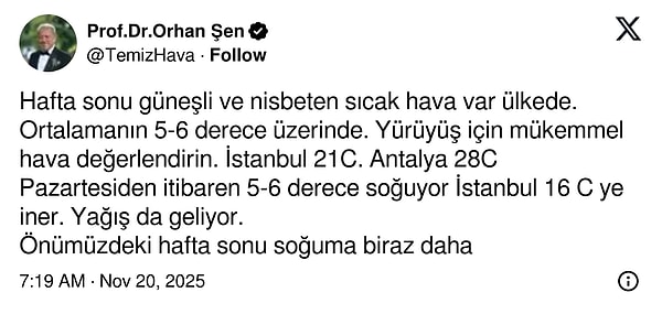 Meteoroloji Uzmanı Orhan Şen’den ‘soğuk hava’ açıklaması.