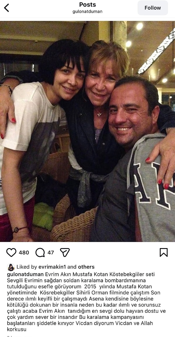 Sihirli Annem’in unutulmaz oyuncusu Gül Onat, Instagram hesabından yaptığı paylaşımla Evrim Akın’a açıkça destek verdi.