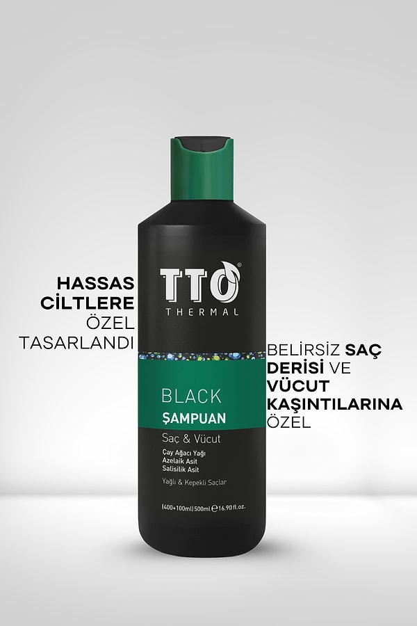 4. Hassas Saç Derisi, Kuru Saçlar, Kepek Problemi Yaşayanlar ve Akneye Yatkın Ciltler: TTO BLACK Saç & Vücut Şampuanı