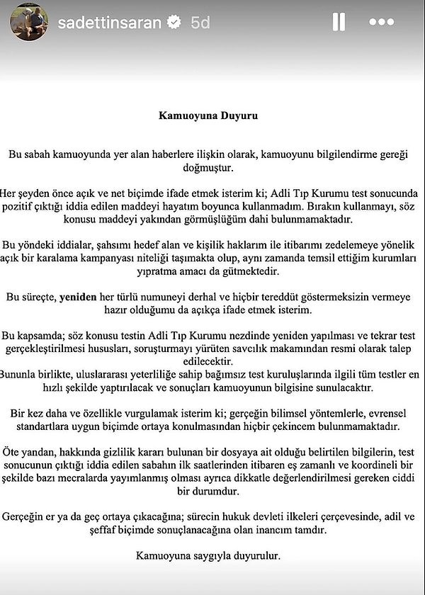 Saran sosyal medyadan yaptığı paylaşımda bağımsız bir test kuruluşuna başvuracağını söylemişti.
