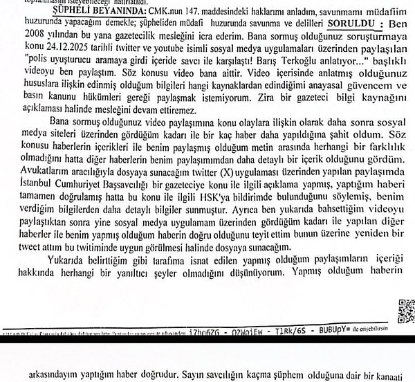 Barış Terkoğlu'nun ifadesinde şu ifadeler yer verdi: