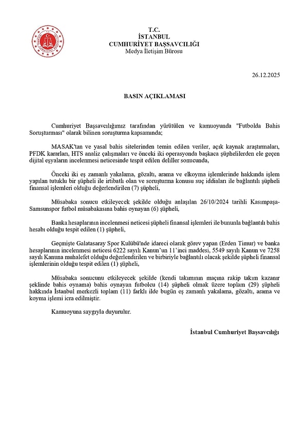 İşte İstanbul Cumhuriyet Başsavcılığı'nın açıklaması: