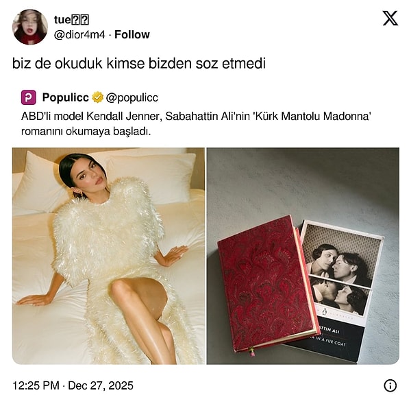 Bu haftanın en çok konuşulan olaylarından ilki şüphesiz Kendall Jenner'in "Kürk Mantolu Madonna" paylaşımıydı.