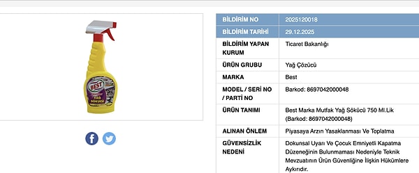 "Best" marka yağ çözücünün satışı durduruldu!