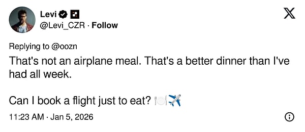 "Bu uçak yemeği değil. Tüm hafta yediklerimden daha iyi bir akşam yemeği. Sırf yemek için uçuş ayarlasam olur mu?"