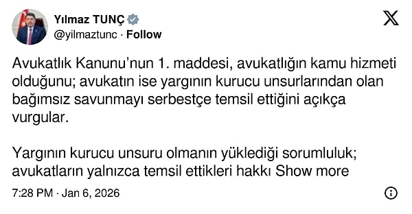 Adalet Bakanı Yılmaz Tunç, gündem olan avukat hakkında açıklamada bulundu.