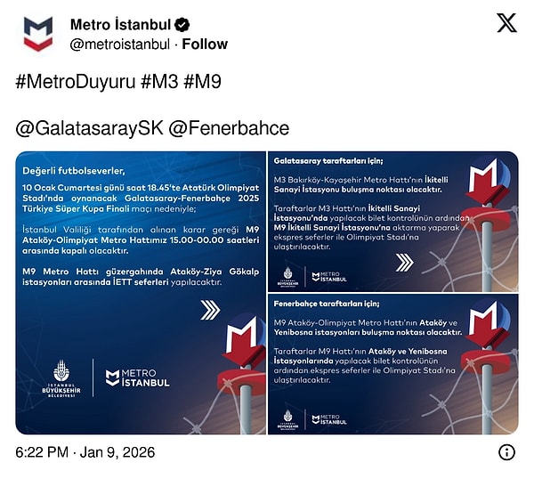 10 Ocak Cumartesi kapalı olan metro durakları: