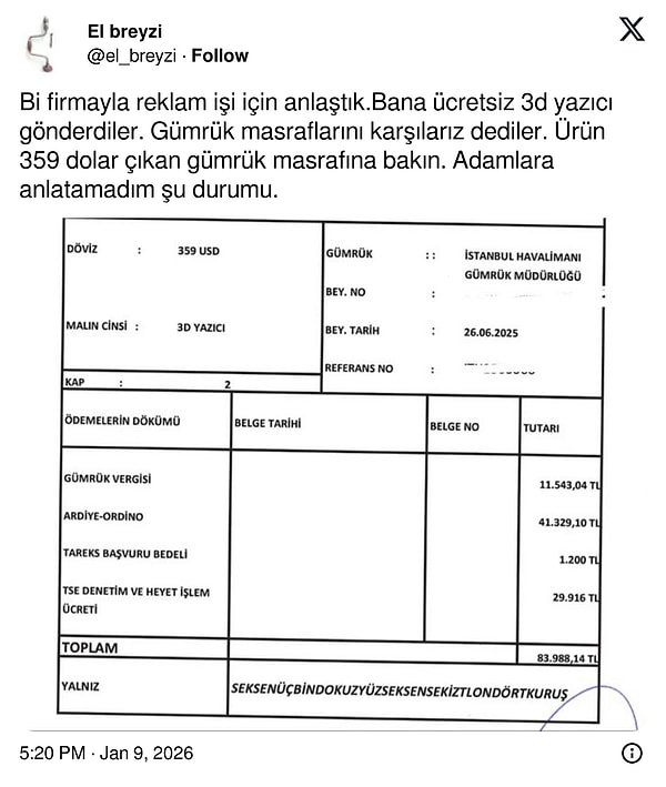 83 bin TL gümrük vergisi.