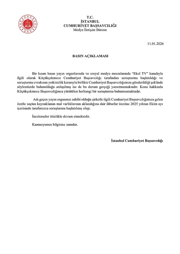 İstanbul Cumhuriyet Başsavcılığı'ndan soruşturma ile ilgili açıklama geldi.
