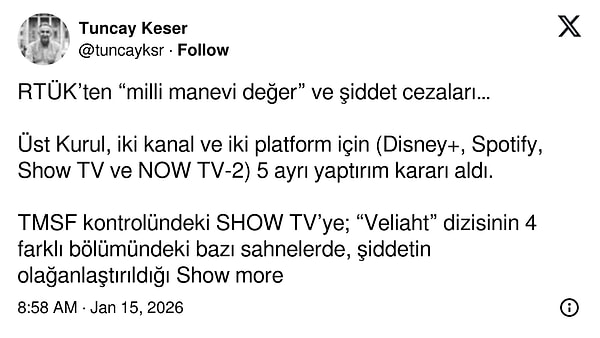 RTÜK Üyesi Tuncay Keser, uygulanan cezaları bu tweetle duyurdu: