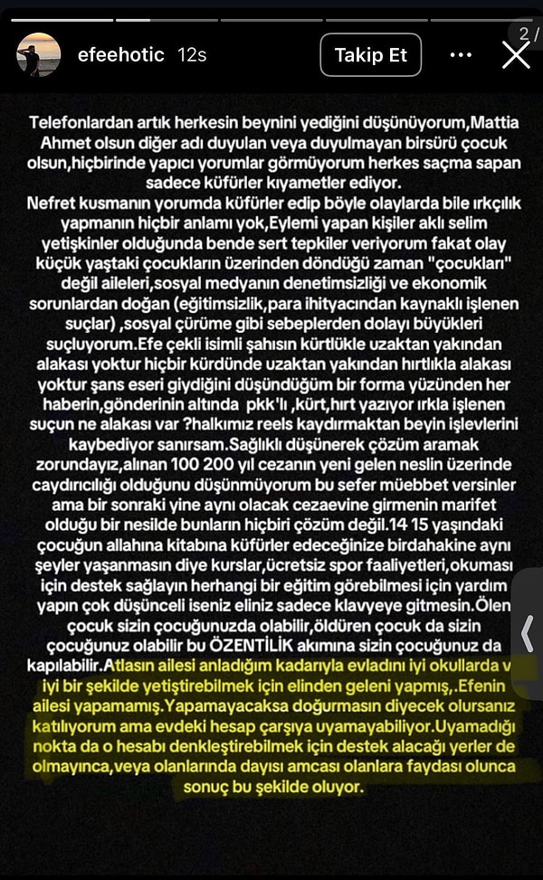 Olay sırasında E.Ç'nin yanında bulunan 15 yaşındaki A.H.’nin ağabeyinin sosyal medya paylaşımı. 👇