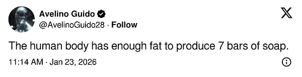 "İnsan vücudunda 7 kalıp sabun üretmeye yetecek kadar yağ bulunur."