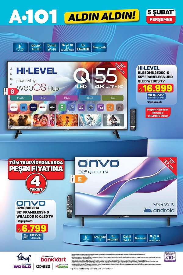 HI-LEVEL 55" Frameless UHD QLED WebOS Tv 16.999 TL