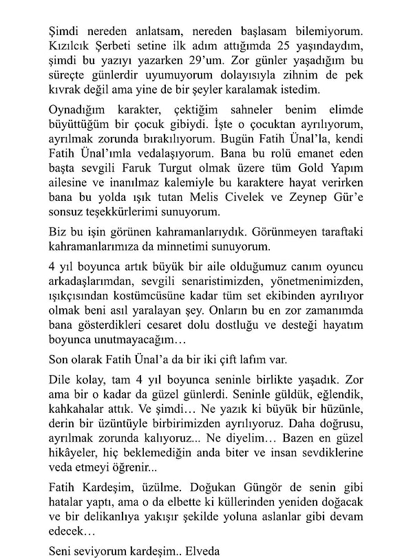 İşte Kızılcık Şerbeti'nin Fatih'i Doğukan Güngör'ün veda metni:
