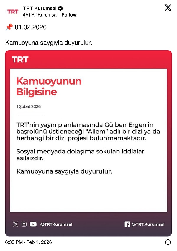 TRT'nin resmi X hesabında paylaşılan açıklamayla Gülben Ergen hakkındaki iddiaların asılsız olduğunun altı çizildi.