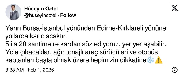 Meteoroloji uzmanı Hüseyin Öztel'den "Kar kalınlığı 20 santimetreyi aşabilir" uyarısı.