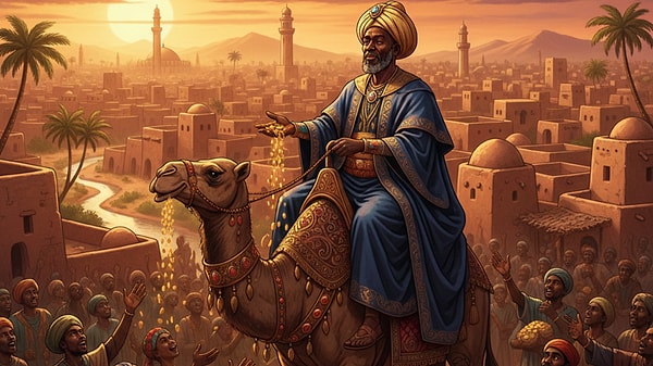 Devasa altınları sadaka olarak dağıtıyordu. Fakirlere dağıtmak için 80 deve, 18 tondan fazla altın taşıdı.