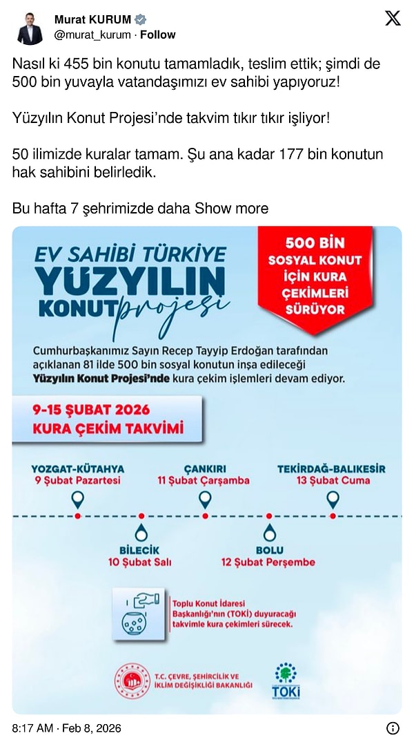 Bakan Kurum'un paylaşımı;