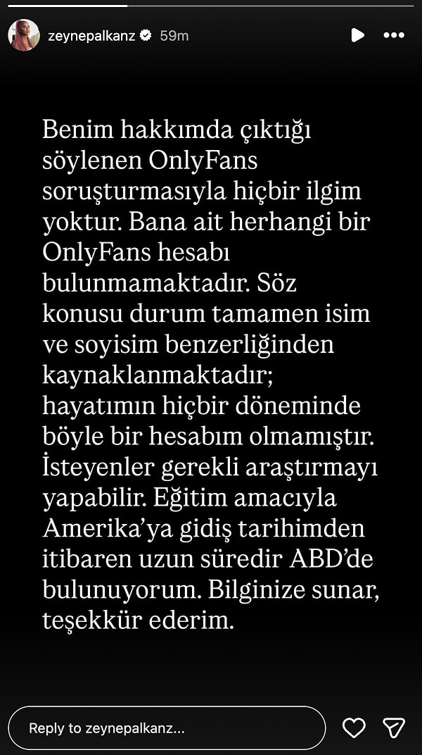 Olayla hiçbir bağlantısının olmadığını belirten Alkan, OnlyFans platformunda herhangi bir hesabının bulunmadığını açıkça ifade etti.