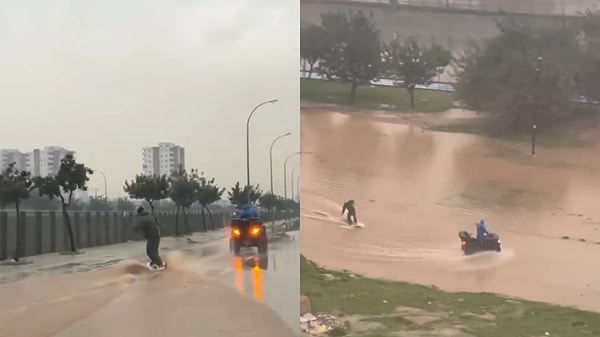 Sağanak sonrası caddede sörf yaptı.