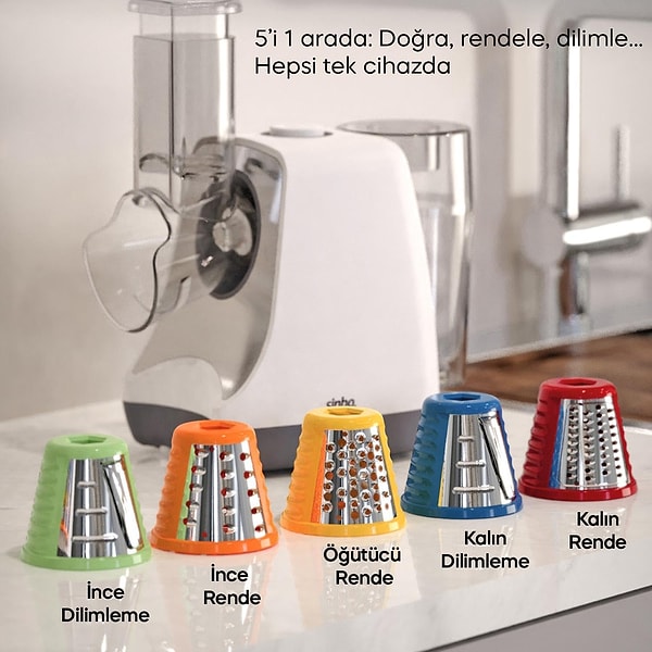 Farklı bıçak ve aparat seçenekleri sayesinde salata hazırlığından kahvaltılık doğramaya kadar geniş bir kullanım sunuyor.