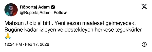 Röportaj Adam olarak bilinen Mahsun Karaca, Mahsun J'nin üçüncü sezonunun gelmeyeceğini açıkladı.