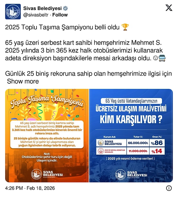 Sivas Belediyesi’nin paylaşımı 👇