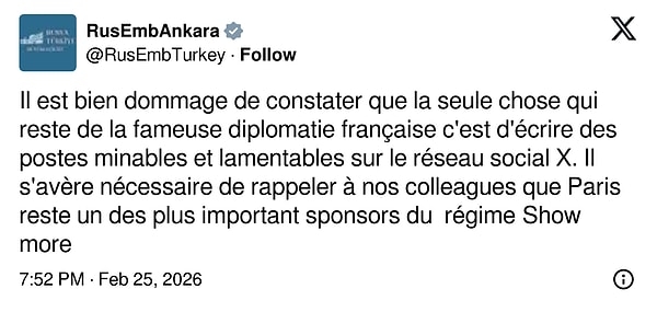 Rusya ise Fransa’nın paylaşımına hem Fransızca hem de Türkçe olarak cevap verdi. Rusya, 1812’de Napolyon'un Rusya seferine gönderme yaptı.