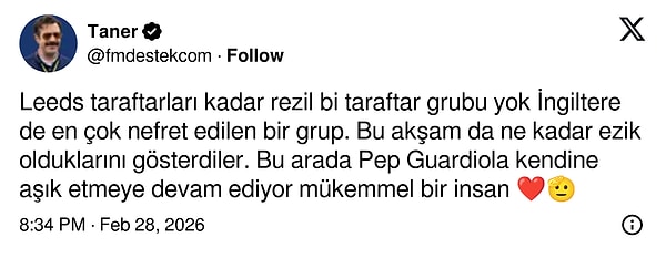 Pep Guardiola'nın Leeds taraftarlarına haddini bildirmesi de sosyal medyada da beğeni topladı. 👇