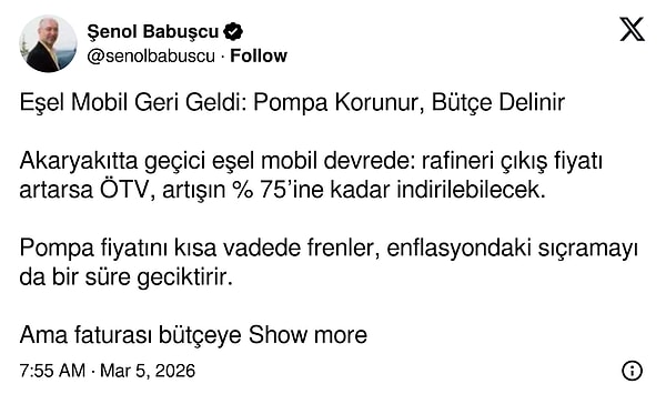 Prof. Dr. Şenol Babuşçu: "Pompa fiyatını kısa vadede frenler."