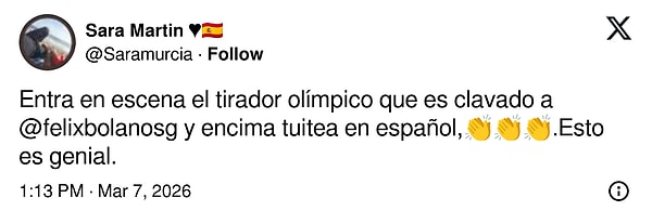 "Sahneye @felixbolanosg'un kopyası olan bir olimpik atıcı çıkıyor, üstelik bir de İspanyolca tweet atıyor. Bu harika!"