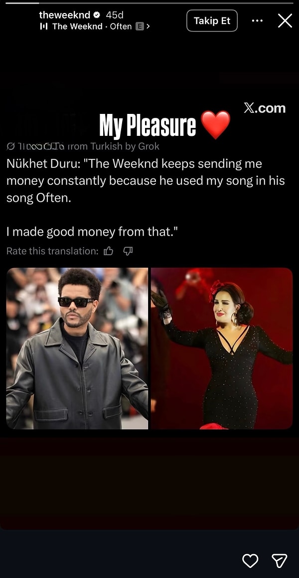 The Weeknd, Nükhet Duru'nun konuşmasını paylaşarak "Benim için bir zevk" yazdı.