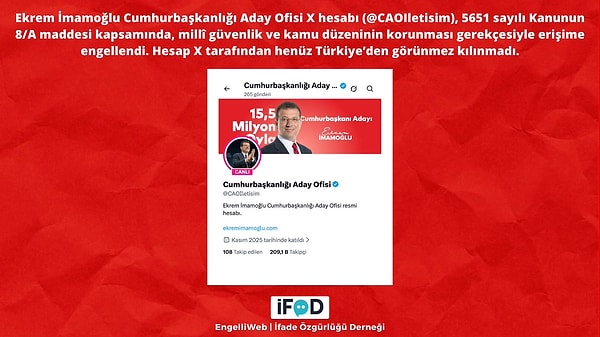 Engelliweb'in aktardığına göre Ekrem İmamoğlu'nun bir hesabına daha erişim engeli getirildi.
